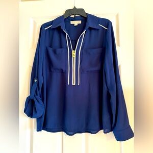 Michael Michael Kors navy Blouse with white piping with Zip Detail - size L